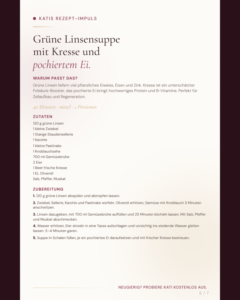 Follikelphase Rezept: Grüne Linsensuppe mit Kresse und Ei