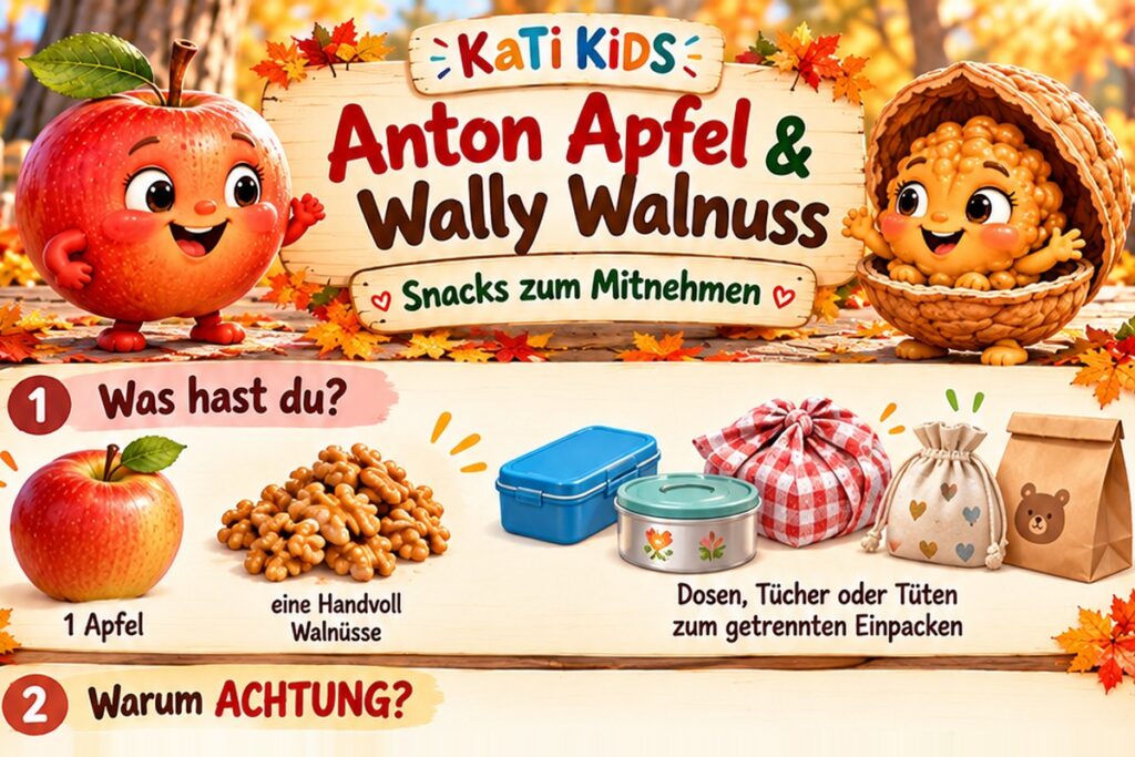 Anton Apfel und Wally Walnuss: Snacks zum Mitnehmen